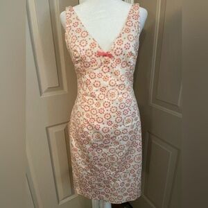 Maggy London white dress with pink/orange beaded floral deep vee sleeveless S 4